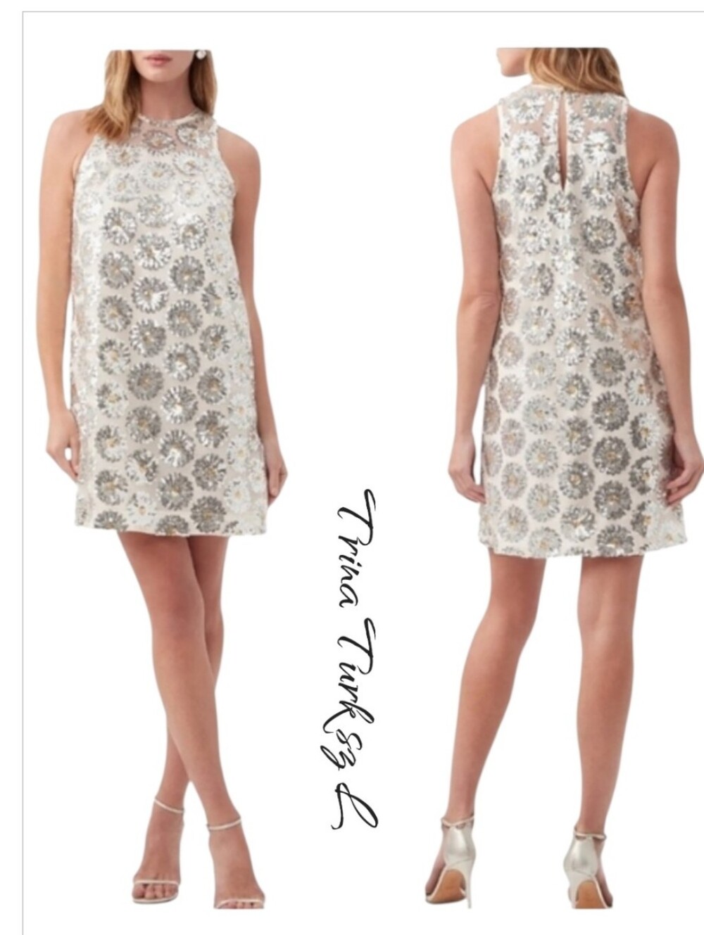 Trina Turk Johana Sequin Shift Mini Dress S NWT Cream Silver Cocktail Party